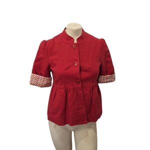 Sussan Red Linen Blend Peplum Jacket Size 8 Mandarin Collar Short Sleeve Coat